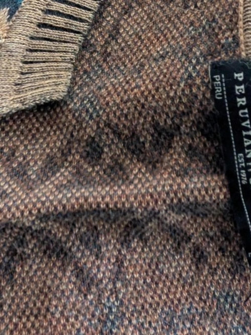 Peruvian Connection Teal and Rust Patterned V-Neck Sweater - Picture 3 of 7